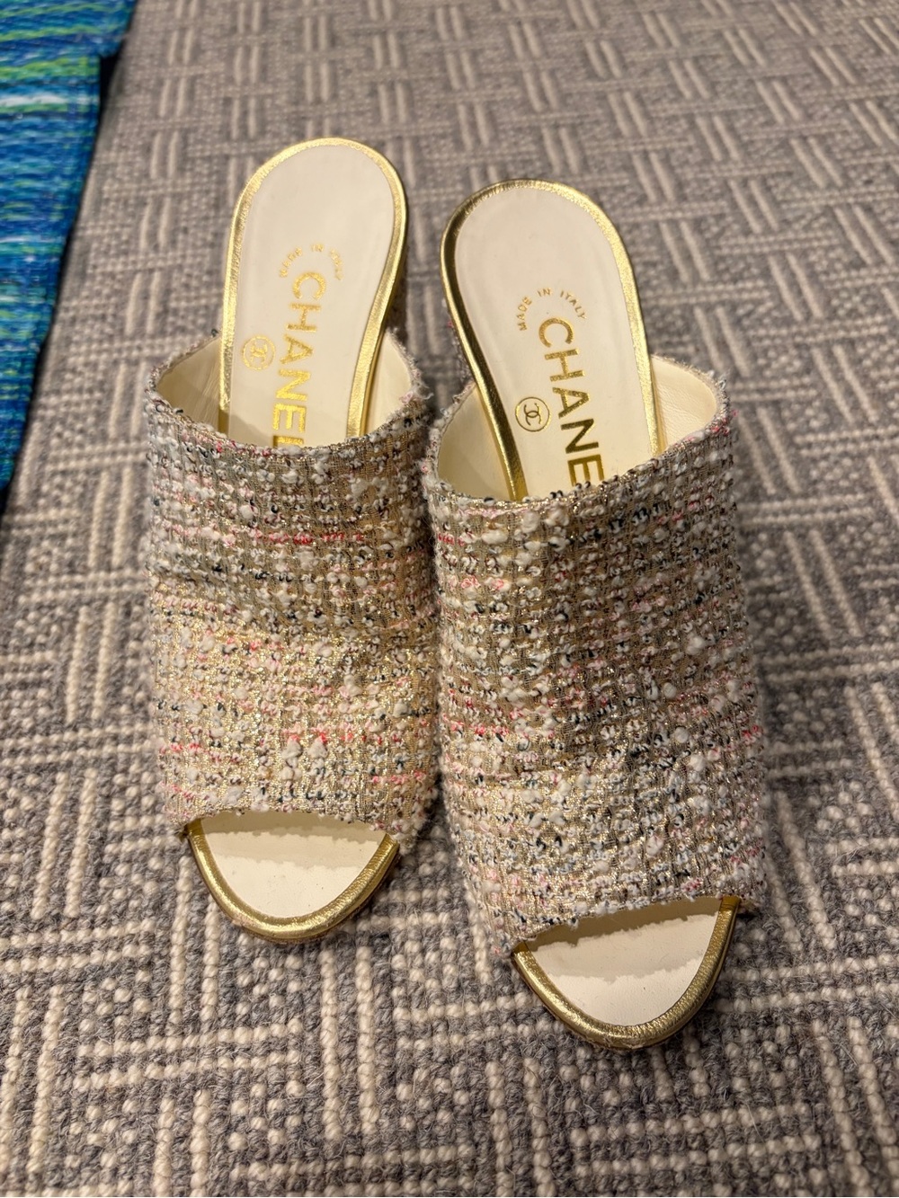 CHANEL Tweed Open-Toe Mules in Beige, Pink and Gold